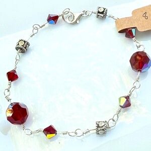 Hand Crafted Sterling Silver Red Crystals & Metal Beads Chain Bracelet